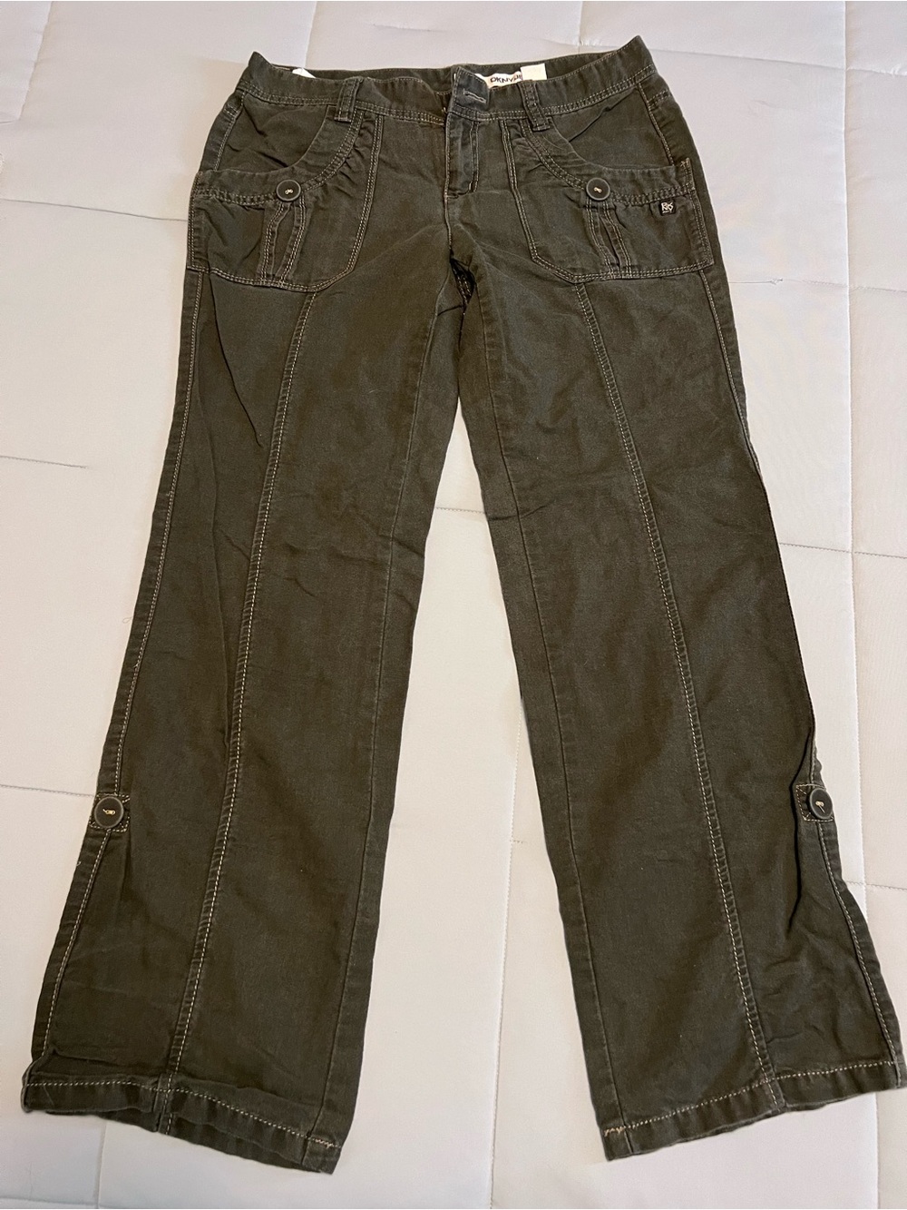 Vintage Y2K DKNY Jeans Olive Green Low Rise Utility Cargo Flare Pants 6